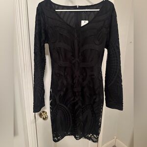 SHEILAY Black Embroidered Mesh Long-Sleeve Mini Dress